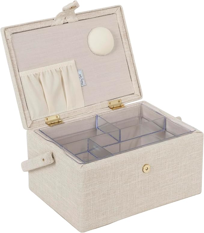 Hobby Gift Medium Sewing Box Organiser | Fabric Covered Storage Box, Handle, Internal Tray, Pin Cushion and Pocket, For Sewing, Quilting and Knitting Supplies - Image 9