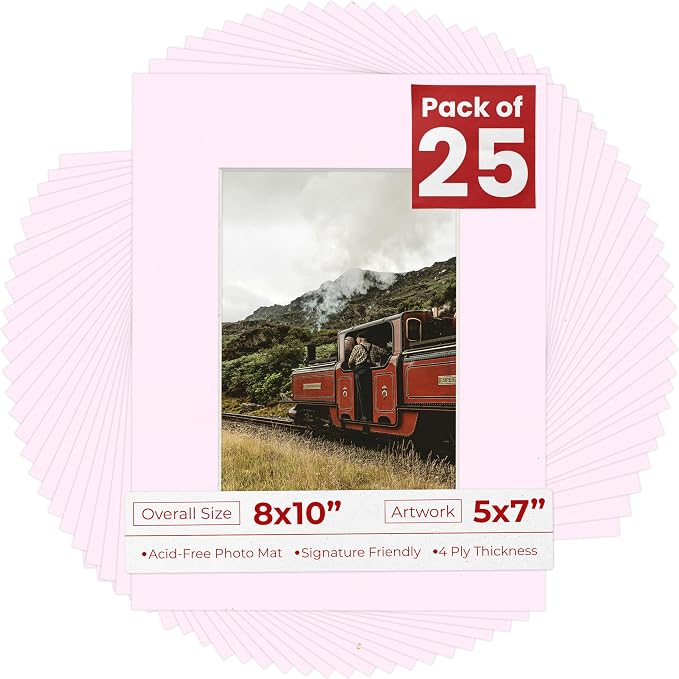 5x7 Mat for 8x10 Frame - Precut Mat Board Acid-Free Show Kit with Backing Board, and Clear Bags Soft Pink 5x7 Photo Matte Made to Fit a 8x10 Picture Frame Matboard for Framing, Pack of 25 Mats by PosterPalooza