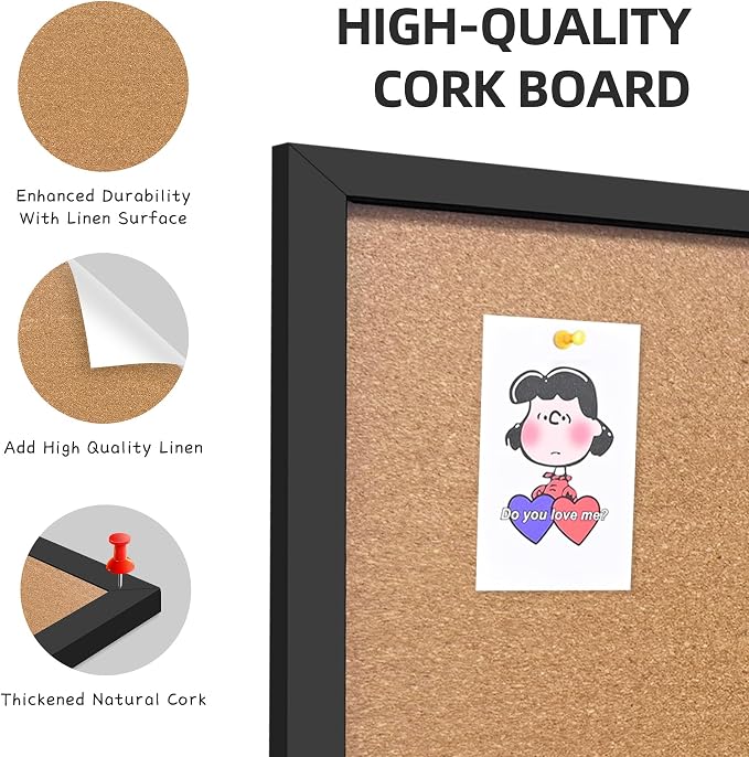 17"x23" Black Wood Framed Hanging Cork Bulletin Board | Premium quality. This large bulletin board serves as reliable corkboards for wall display. - Image 3