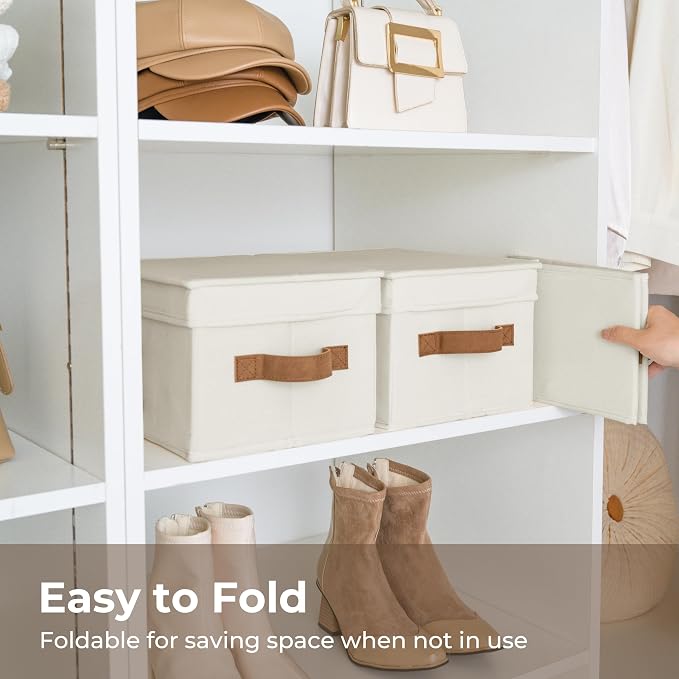 StorageWorks Storage Bins with Lids, Decorative Storage Boxes with Lid and PU Handles, Foldable Storage Baskets for Closet, Shelves, Stackable, Ivory, Medium, 3-Pack | Lidded Dust-proof, Easy Pull Handles, Foldable, Stackable, Ideal for Clothes Blanket... - Image 2