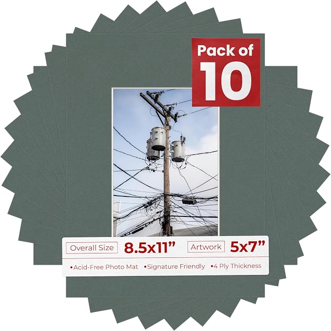 5x7 Mat for 8.5x11 Frame - Precut Mat Board Acid-Free Show Kit with Backing Board, and Clear Bags Charcoal 5x7 Photo Matte Made to Fit a 8.5x11 Picture Frame Matboard for Framing, Pack of 10 Mats by PosterPalooza