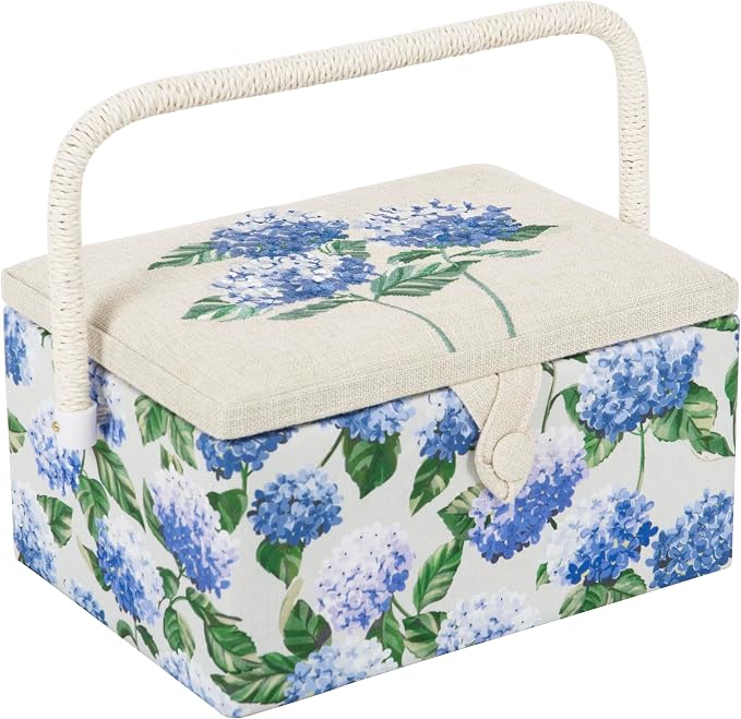 Hobby Gift Medium Sewing Box Organiser | Fabric Covered Storage Box, Handle, Internal Tray, Pin Cushion and Pocket, For Sewing, Quilting and Knitting Supplies by HobbyGift