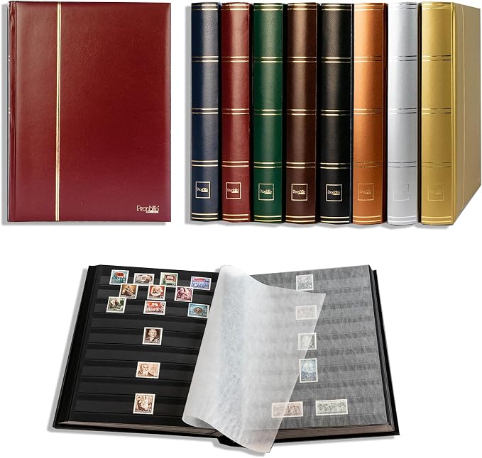 Prophila Stamp Album Stockbook 60 Black Sides, Leatherette Padded Red Cover by ProphilaCollection
