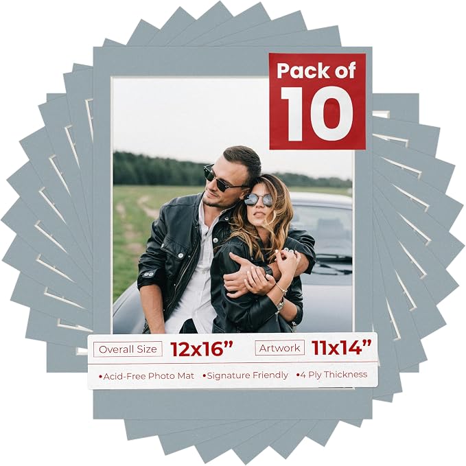 11x14 Mat for 12x16 Frame - Precut Mat Board Acid-Free Show Kit with Backing Board, and Clear Bags Metallic Silver 11x14 Photo Matte For a 12x16 Picture Frame Matboard for Framing, Pack of 10 Mats by PosterPalooza