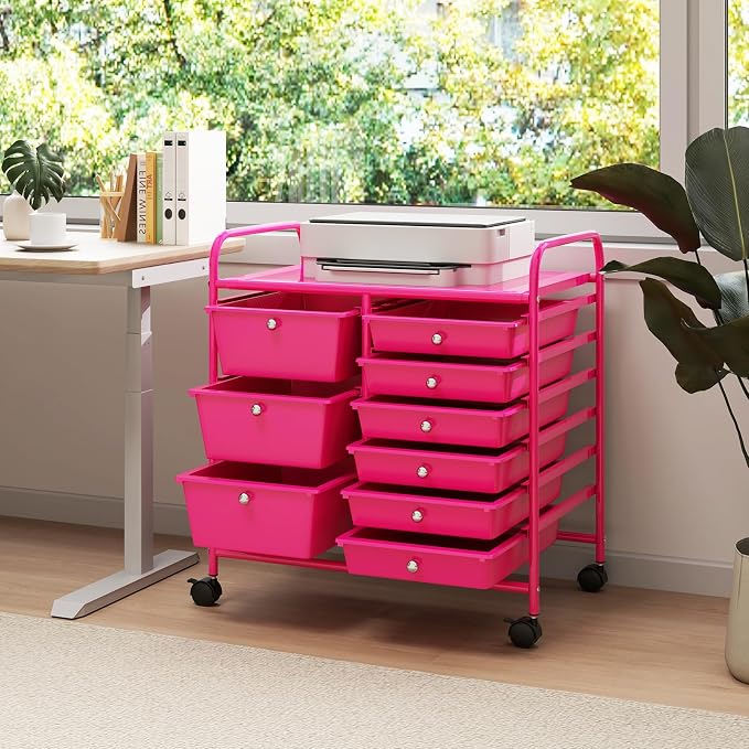 9 Drawer Rolling Storage Cart, Rolling Cart with Drawers for Classroom, Art Supply Craft Organizer on Wheel with Metal Frame & Handles for Home Office School - Image 2