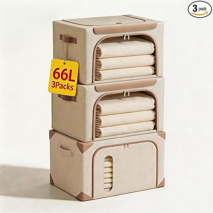 Clothes Storage Bins with Metal Frame&Leather Fringe&Clear Window, Washable Oxford Fabric Bins, , Stackable foldable Closet Organizers Sweater Comforter Storage(3 pcs,Beige,66L) (Double Styles) by Unknown