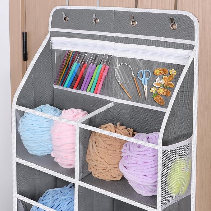 Univivi 6 Tiers Hanging Yarn Storage Organizer, Large Yarn Organizer, Grey | Large Capacity, High Load-Bearing Capacity, 12 Deep Clear Pockets, Over Door Yarn Holder for Crochet Hooks, Knitting Needles - Image 4