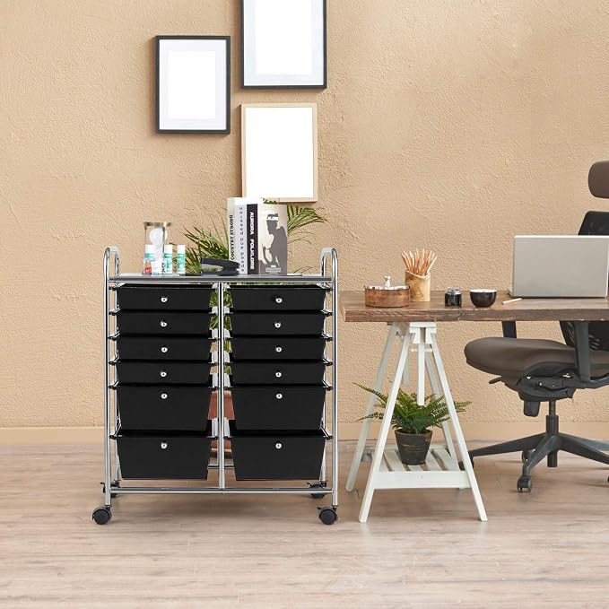 DREAMADE Rolling Cart with Storage Drawers, Utility Cart with Removable Plastic Drawers, Lockable Wheels, Art Cart for Classroom Organization Art Supplies Office Scrapbook (12 Drawers, Black) - Image 7