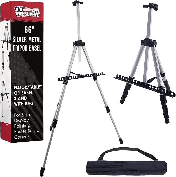 U.S. Art Supply 66" Silver Metal Tripod Easel Display - Adjustable 18"- 5.5', Holds 36" Canvas - Floor/Tabletop Easel Stand, for Sign Display, Painting, Poster Board, Canvas - Portable Bag by USArtSupply