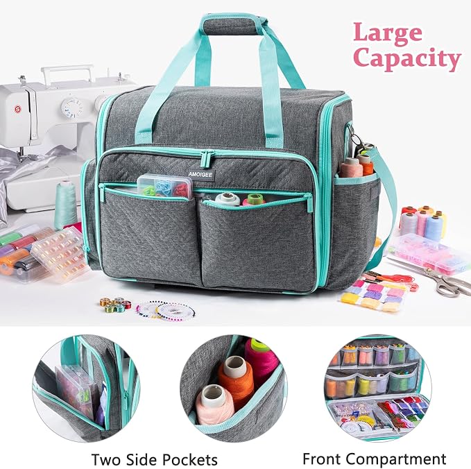 AMOIGEE Full-Open Sewing Machine Case, Large Sewing Machine Storage Bag for Travel - Heavy-Duty Embroidery Tote for Brother Singer Janome Standard Machines Holder with Pocket for Accessories and Tools - Image 6