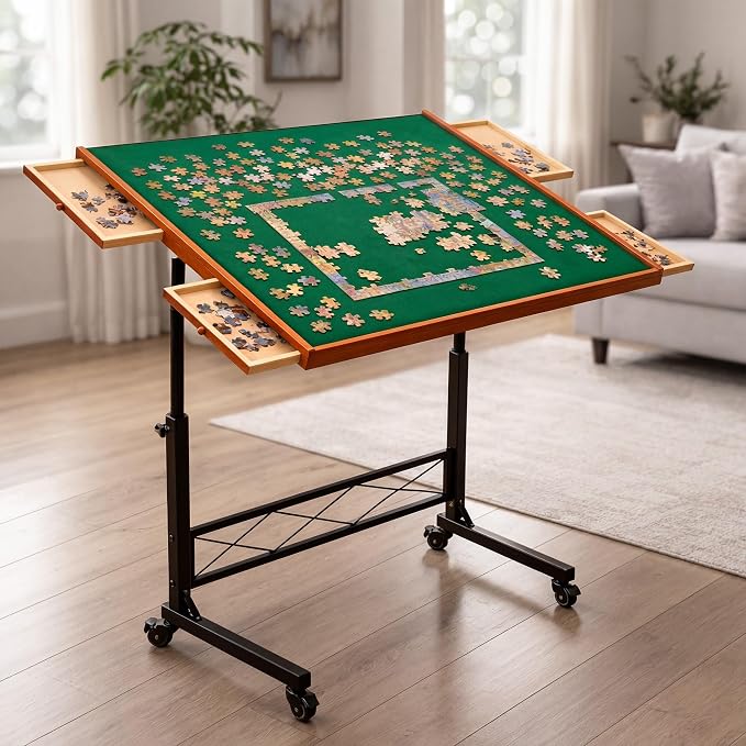 JoyBerri Jigsaw Puzzle Table with Drawers – Adjustable Height, All Ages | Portable puzzle station, for 1500 piece, 9 height levels, locking wheels, cover & bonus puzzle included - Image 2