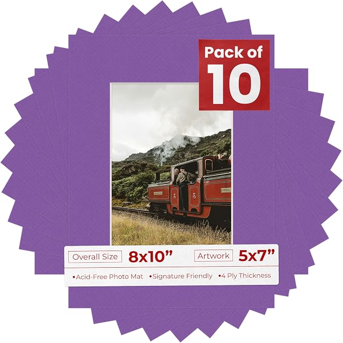 5x7 Mat for 8x10 Frame - Precut Mat Board Acid-Free Show Kit with Backing Board, and Clear Bags Purple 5x7 Photo Matte Made to Fit a 8x10 Picture Frame Matboard for Framing, Pack of 10 Mats by PosterPalooza