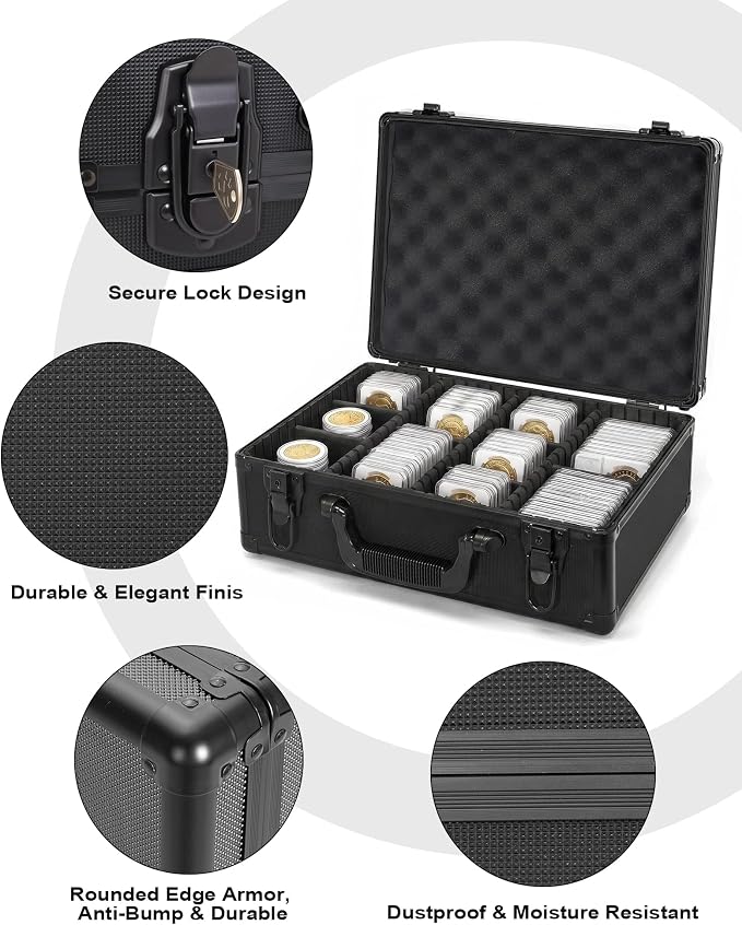 LOCKCURX Graded Coin Storage Box for NGC PCGS Slabs, 120 Capacity (Black) | Key Lock Secure Coin Collection Box with 6 Removable Dividers for Customizable Storage, Coin Cases for Collectors - Image 6
