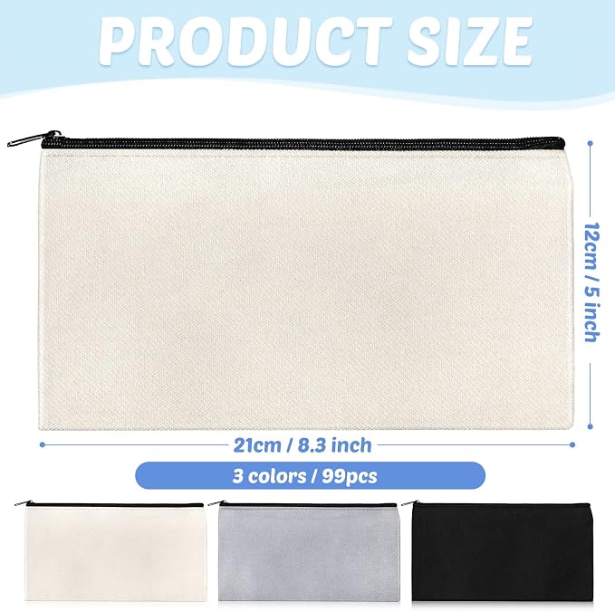 Colarr 99 Pcs Blank Canvas Zipper Pouch Bulk, Multipurpose Makeup Bags Pencil Pouch Cosmetic Case Travel Toiletry Bag with Zipper for DIY Craft, Embroidery, Sublimation, Purses, Stationery, 8.3" x 5" - Image 2