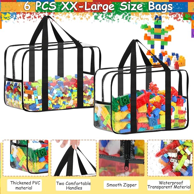 6 Packs XXL Toy Storage Bags 16.5×11.8×6.8In with Labels, Large Capacity Reusable Clear PVC Board Game Storage, Travel Waterproof Organizer Bags with Zipper - Image 3