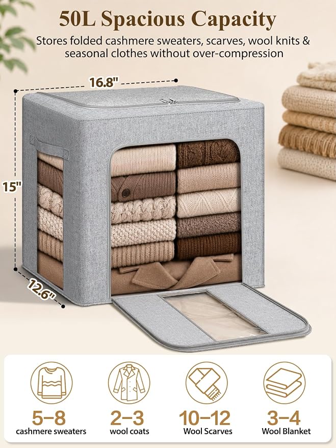 punemi 50L Cashmere Sweater Storage Bag with Cedar Balls, 1 Pack, Grey | Sturdy Steel Frame, Clear Window, for Cashmere, Wool Sweaters & Knitwear, Closet & Bedroom Storage - Image 2