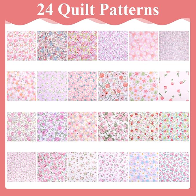 48 Pcs 10 x 10 Inches Pink Floral Cotton Fabric Bundles, Precut Pink Retro Floral Fabric Squares, Spring Quilting Patchwork, Flower Leaves Sewing Fabrics, Assorted Pattern Cloth for DIY Craft Handmade - Image 3