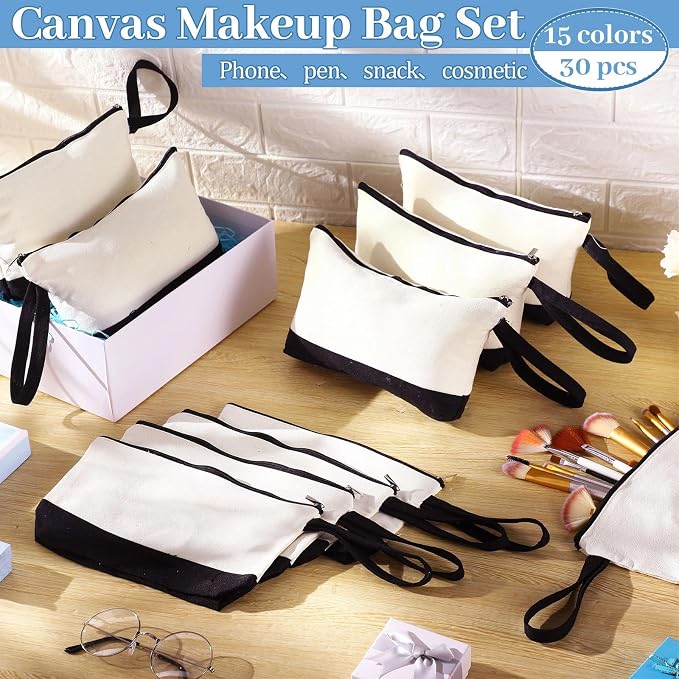Silkfly 30 Pcs Cotton Canvas Makeup Bags Cosmetic Zipper Bags 10.2 x 5.5 x 2'' Blank DIY Pouch Bulk Pencil Case with Bottom Travel Toiletry Pouch for Women Craft Decor Gift (Black,Beige) - Image 3