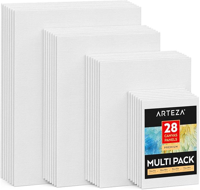 ARTEZA Premium Canvas Boards for Painting, 5 x 7, 8 x 10, 9 x 12, 11 x 14 Inches, Multipack of 28, White Canvas for Acrylic, Oil and Gouache Painting by ARTEZA
