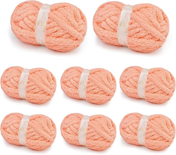 Chunky Yarn for Hand Knitting, Chunky Chenille Blanket Yarn for Crocheting, Bulky Soft Fluffy Chenille for Blanket Project, 8 Pack of 8oz/25yds, Salmon by BATELO