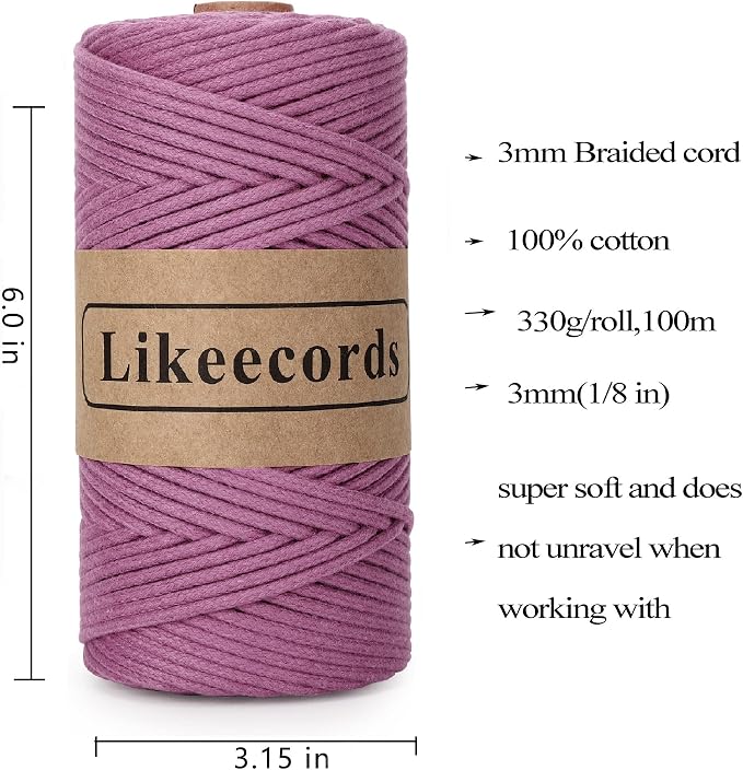 Likeecords 4 Skeins Braided Macrame Cotton Cord 3mm x 100m, Macrame Rope for Crafts, Knitting, Wall Hanging, Plant Hangers (Purple) - Image 2