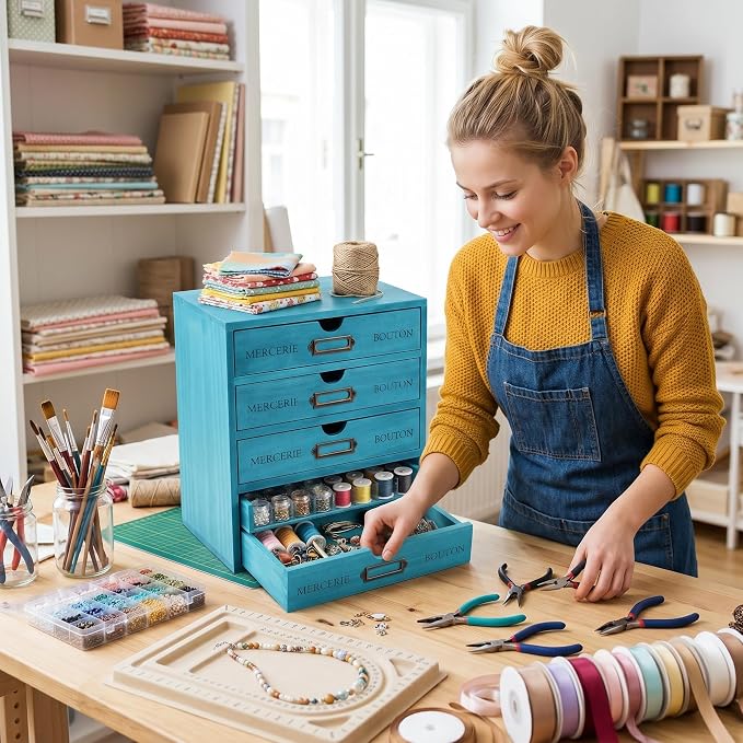 Wesiti Wooden Desk Organizer, 5 Drawers, Vintage Makeup Cabinet, Blue | Rustic Drawer Storage for Office, Home, Craft Room, Jewelry, Sewing Supplies, Apothecary Desktop Box, Pre-assembled Decor - Image 6