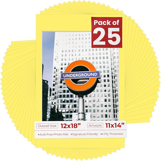 11x14 Mat for 12x18 Frame - Precut Mat Board Acid-Free Show Kit with Backing Board, and Clear Bags Yellow 11x14 Photo Matte Made to Fit a 12x18 Picture Frame Matboard for Framing, Pack of 25 Mats by PosterPalooza