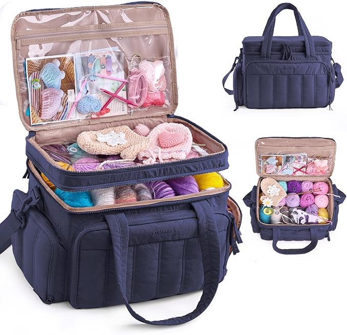 MYBAGZING Large Knitting & Crochet Bag Organizer for Yarn Storage, Double-Layer Knitting Project Bag with 6 Grommets, Yarn Organizer Tote for Knitting Supplies Crochet Hooks & Accessories Gift for Mom by MYBAGZING