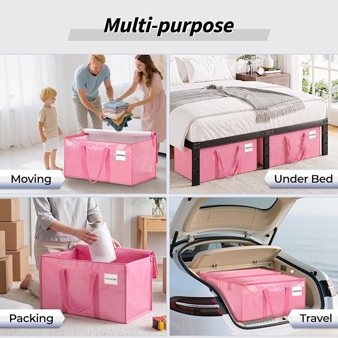 8 Pack Extra Large Clothes Storage Bins with Lids, Moving Bags, Pink | Storage Bags with Reinforced Handles & Heavy-Duty Zippers, Moving Boxes Totes for Clothes Packing, Dorms, College Supplies - Image 6