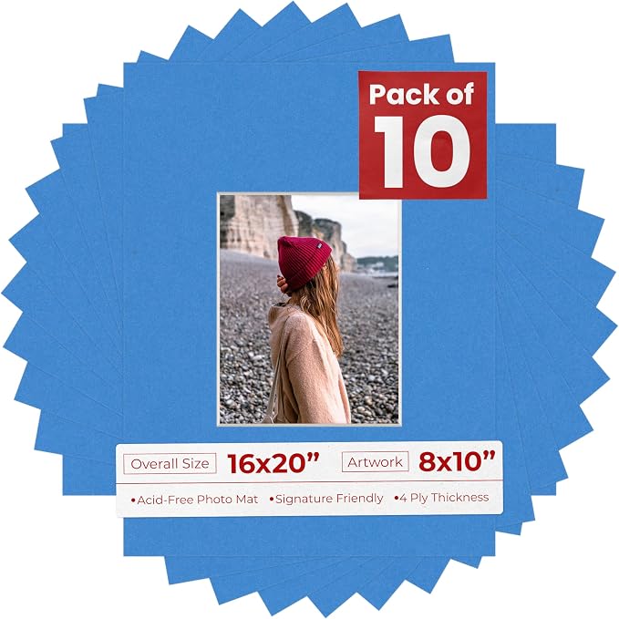 8x10 Mat for 16x20 Frame - Precut Mat Board Acid-Free Bay Blue 8x10 Photo Matte Made to Fit a 16x20 Picture Frame, Premium Matboard for Family Photos, Show Kits, Art, Picture Framing, Pack of 10 Mats by PosterPalooza