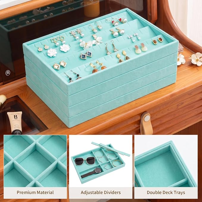 Jewelry Trays for Drawer,Set of 4 Jewelry Organizer and Storage | Velvet Material,Stackable,Adjustable Dividers,Drawer Inserts for Rings Studs Bracelet,Earring Organizer for Women Girls - Image 5