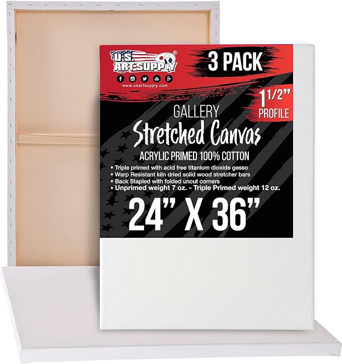 U.S. Art Supply X-Large Stretched Canvas for Painting 24x36 inch Gallery Depth 1-1/2" Thick, 3-Pack - 12oz Acrylic Gesso Triple Primed, Professional Artist Quality, 100% Cotton - Oil, Pouring Paint by USArtSupply
