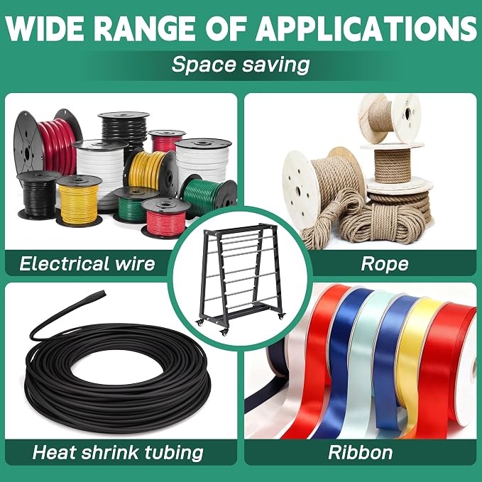 Wire Spool Rack, Adjustable Cable Organizer, 8-Rod Cord Reels | With Locking Wheels for Electrical Industrial Warehouse Reel Storage 400 lbs Capacity Wire Spool Holder up to 12 Spools Rods - Image 3