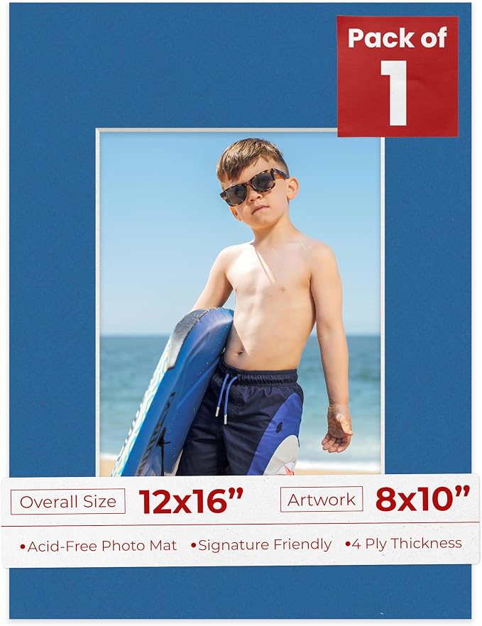 8x10 Mat for 12x16 Frame - Precut Mat Board Acid-Free Show Kit with Backing Board, and Clear Bags Royal Blue 8x10 Photo Matte Made to Fit a 12x16 Picture Frame Matboard for Framing, Pack of 1 Mat by PosterPalooza