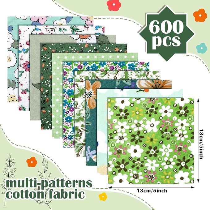 Kinlop 600 Pcs 5 x 5 Inch Floral Charm Packs for Quilting Green Flower Cotton Fabric Square Bulk Precut Fabric Squares Strips Printed Green Floral Patchwork for DIY Craft Sewing Accessory - Image 2