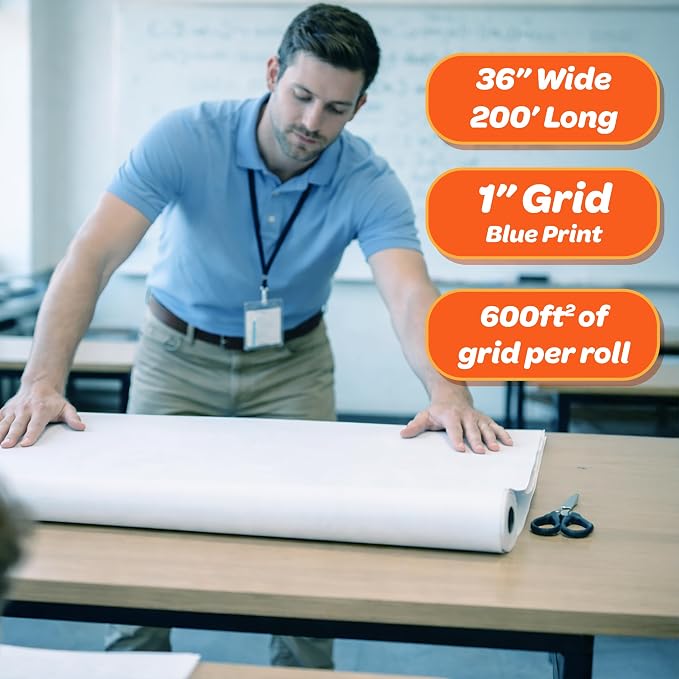 Geyer Instructional 1 Inch Graph Paper Roll – 36” x 200’ Blue Grid, Large Format Blueprint Paper, 24 lb Bond for Classroom, STEM, Math & Design Projects - Image 2