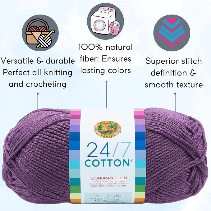 Lion Brand Yarn 24/7 Cotton 761-147 Purple | 3 Skeins, Same Dye Lot, Project Bag, CYC #4 Worsted, 100% Mercerized Cotton, Ideal for Crochet, Knitting Amigurumi, Toys - Image 2