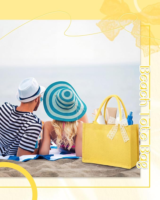 Burlap Tote Bag Mini Jute Reusable Bag with Handle Ribbon Small Blank Canvas Waterproof for Wedding Beach DIY Gift - Image 6