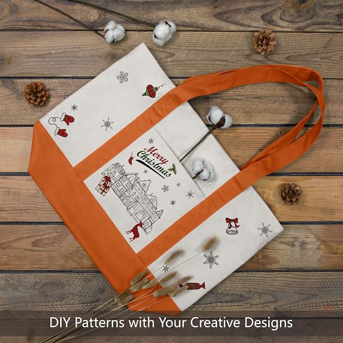 TOPDesign 1-Pack Canvas Tote Bag with an External Pocket, Reusable Grocery Shopping Bag, Top Zipper Closure, Daily Essentials (Orange/Natural) - Image 3