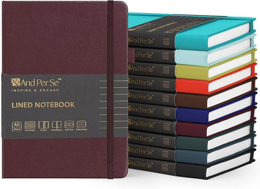 &And Per Se 10-Pack Lined Notebooks, A5 Hardcover, 160 Pages 100gsm Thick Paper, Office Supply Bulk Order, Corporate New Hire Kits, Breakroom Essentials – College Ruled, 10 Units (Solid Colors) by AndPerSe