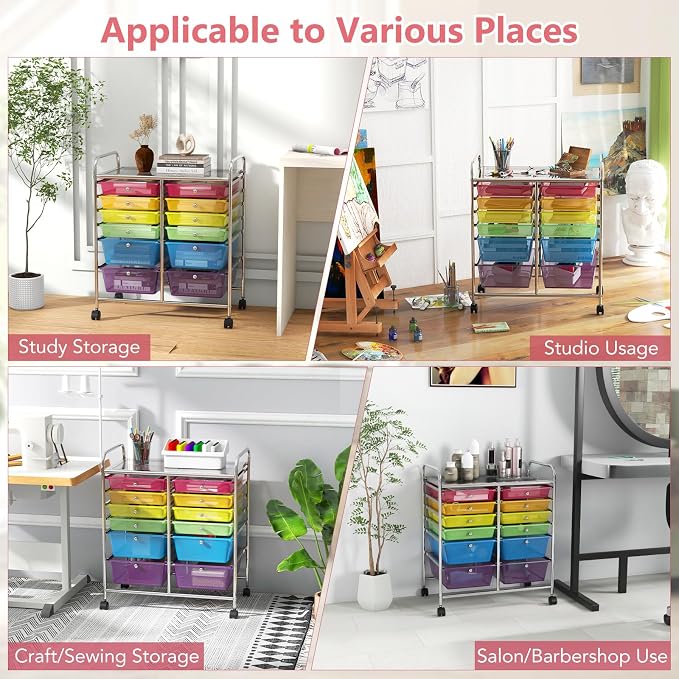 DREAMADE Rolling Cart with Storage Drawers, Utility Cart with Removable Plastic Drawers, Lockable Wheels, Art Cart for Classroom Organization Art Supplies Office Scrapbook (‎12 Drawers, Rainbow) - Image 7