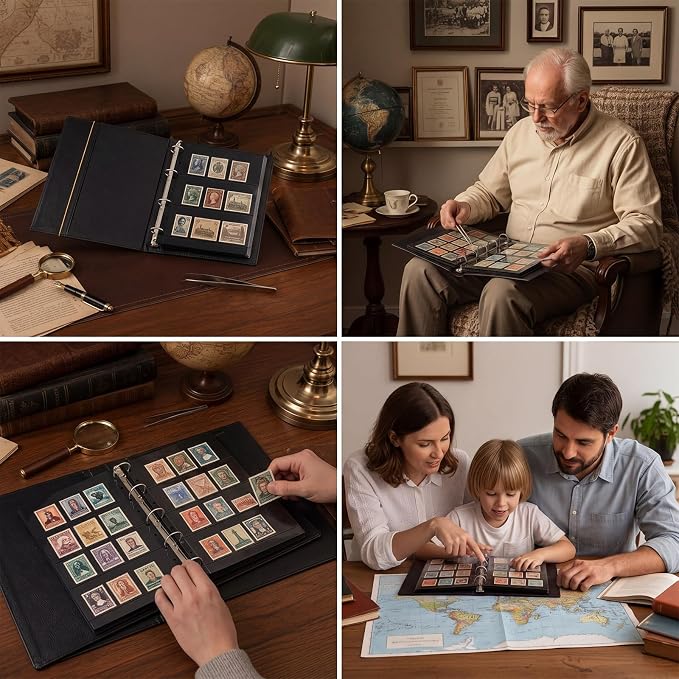 Stamp Collecting Album Binder Kit for Collectors, 1/2/3/4 Rows Banknotes Storage Book with 20 Stamp Pages, 4 Ring Binder, Tweezers and Magnifier, for Paper Money Bill Postage, Beginner Hobbyists Gift - Image 6