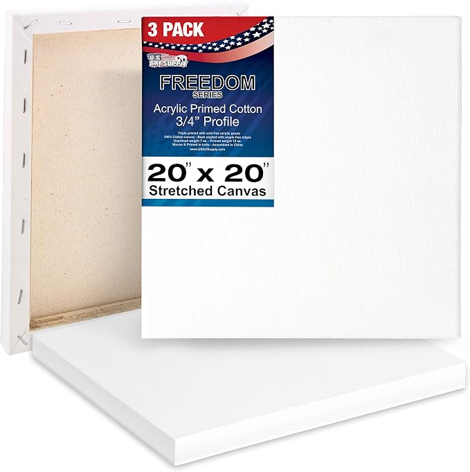 U.S. Art Supply 20 x 20 inch Stretched Canvas 12-Ounce Triple Primed, 3-Pack - Professional Artist Quality White Blank 3/4" Profile, 100% Cotton, Heavy-Weight Gesso - Acrylic Pouring, Oil Painting by USArtSupply