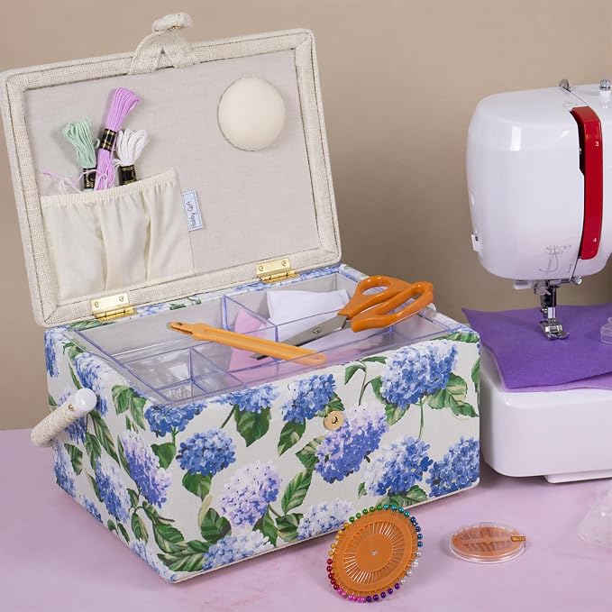 Hobby Gift Medium Sewing Box Organiser | Fabric Covered Storage Box, Handle, Internal Tray, Pin Cushion and Pocket, For Sewing, Quilting and Knitting Supplies - Image 7