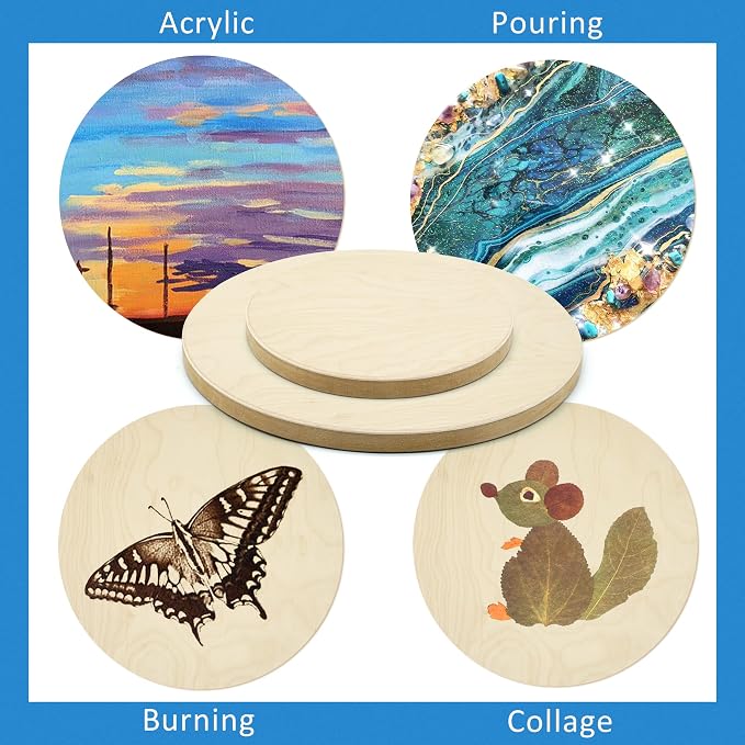 4 Pack 8'' &12'' Unfinished Round Birch Wood Panels | Studio 3/4’’ Deep Wood Canvas, Cradle Boards for Painting, Pouring, Burning, Crafts, Epoxy Resin, Laser Engraving Cutting - Image 3