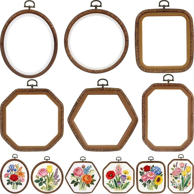 Qunclay 6 Pcs Large Embroidery Hoop Frame Decorative Imitated Wood Display Frame Circle Oval Octagonal Cross Stitch Hoop Ring for DIY Sewing Craft and Hanging Ornaments Decor (Original) by Qunclay