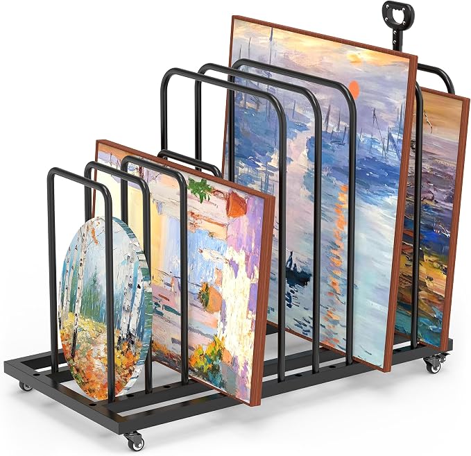 Art Storage Rack with Caster Wheels, Art Drying Rack Metal Storage with 8 Slots and Independent Handle, Heavy-Duty Canvas Organizer for Artwork, Prints and Panels, for Art Studio, Classroom by GARVIN