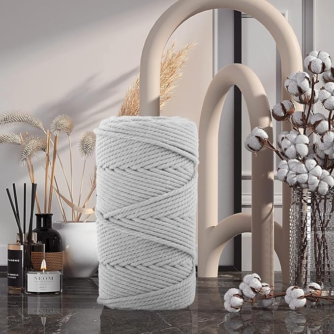 Macrame Cotton Cord 6mm x 109 Yards, ZUEXT 100% Natural Handmade Colorful 4 Strands Twisted Braided Cotton Rope for Wall Hanging Plant Hangers Gift Wrapping Tapestry DIY Crafts (100m, Light Grey) - Image 4