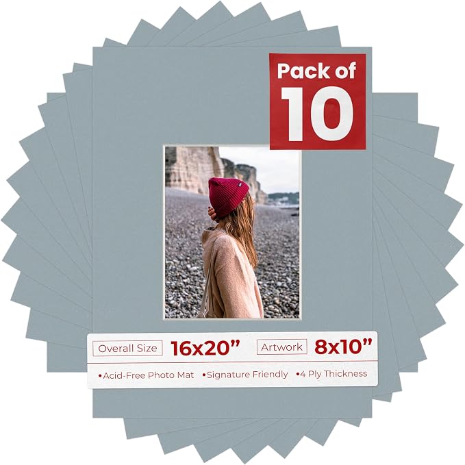 8x10 Mat for 16x20 Frame - Precut Mat Board Acid-Free Metallic Silver 8x10 Photo Matte For a 16x20 Picture Frame, Premium Matboard for Family Photos, Show Kits, Art, Picture Framing, Pack of 10 Mats by PosterPalooza