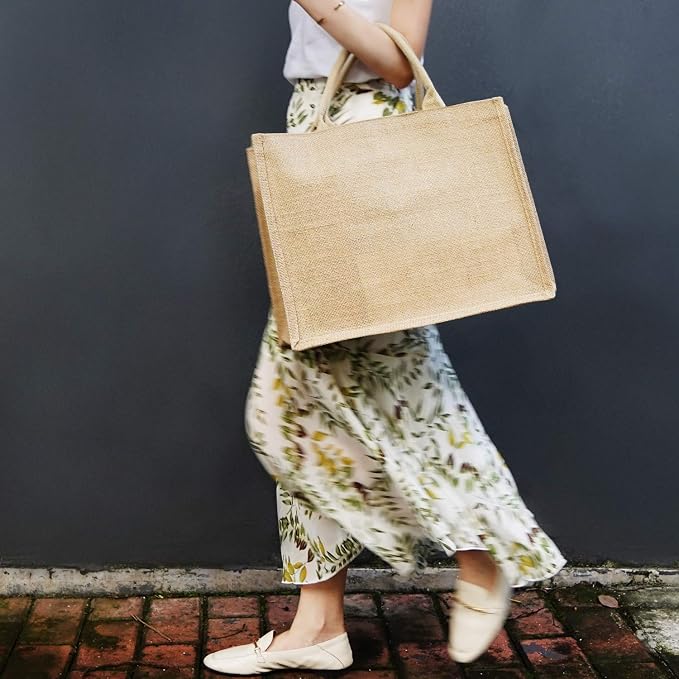Segarty Tote Bags, 3 Pack Large Burlap Jute Reusable Canvas Gift Favors Bag with Handles Blank Tote Bulk for Bridesmaid Wedding, Women Market Grocery Shopping, Bachelorette Party, Beach Trip, DIY - Image 2